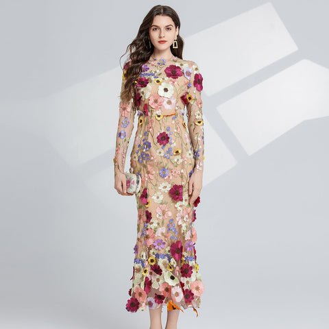 French three-dimensional embroidery long sleeved dress